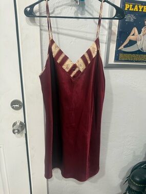 Deep Burgundy Satin Slip Dress with Gold-Trim V-Neck vintage Y2K